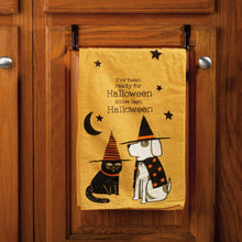 Load image into Gallery viewer, Funny dish towel featuring a cranky cat and dog duo dressed in Halloween costumes.