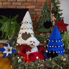 Load image into Gallery viewer, Cream-colored wool Christmas Tree Dog Bed with playful pom-pom ornaments, creating a festive and cozy hideaway for your furry friend