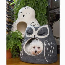 Load image into Gallery viewer, Cozy Puppy Sanctuary: Stylish grey owl dog cave for happy puppies.
