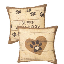 Load image into Gallery viewer, Dog Couch Pillow Featuring the Phrase I Sleep With Dogs And A Paw Print