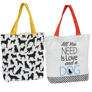 Black Dog Tote Bag, Dog Shopping Bag Featuring Black Cat Print And The Words All You Need Is Love And A Dog